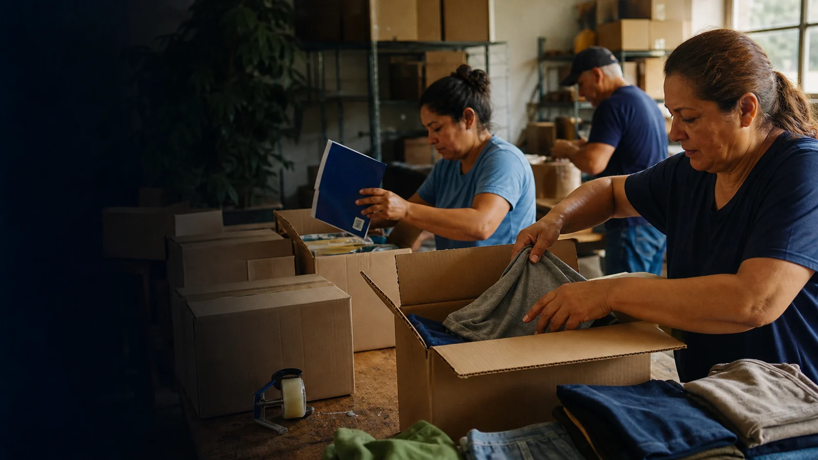 Adults organize boxes and useful goods in a logistics workspace
